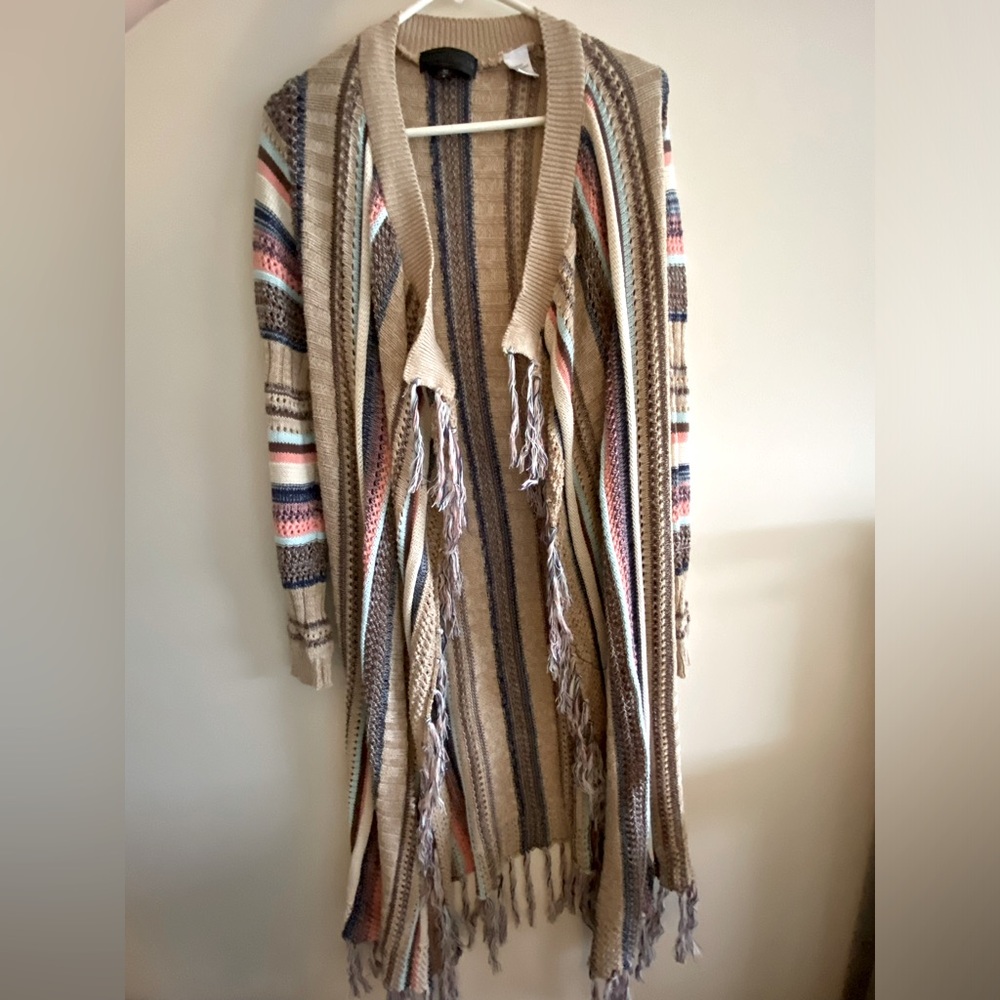 Almost Famous Boho Fringe Knit Long Cardigan Colorful Striped (S)
